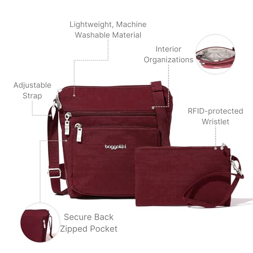 Baggallini Pocket Crossbody Bags for Women 8x8 Small Lightweight Durable Water-resistant Travel Purse W/Rfid - color: Dark Cherry