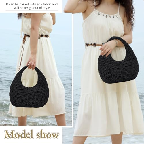 Fecialy Straw Bag for Women Crescent Shoulder Handbag Straw Summer Beach Tote Handbag Raffia Woven Hobo Bag - color: Black