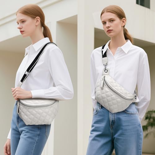 Women's Quilted Crossbody Waist Pack, PU Leather Fanny Pack Sling Bag with Adjustable Belt, Small Shoulder Purse for Travel, Daily Use (Off-white) - color: D-off White