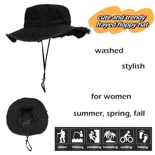 LLmoway Womens UPF50+ Cotton Wide Brim Sun Hat with Strap Ladies Summer Floppy Hats Packable Women Washed Fringes Bucket Hat - color: Black