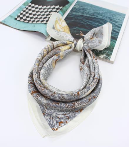 ANDANTINO 100% Mulberry Silk Square Scarf for Hair-25.6" X25.6'' Women Men Natural Silk Neckerchief Digital Printed Headscarf - color: Beige Jungle