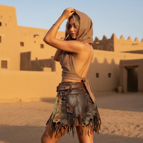 Boho Raw-Edge Crop Top – Adjustable Halter with Open Back & Cross-Wrap Design, 100% Cotton Beach Cover Up - color: Dark Brown