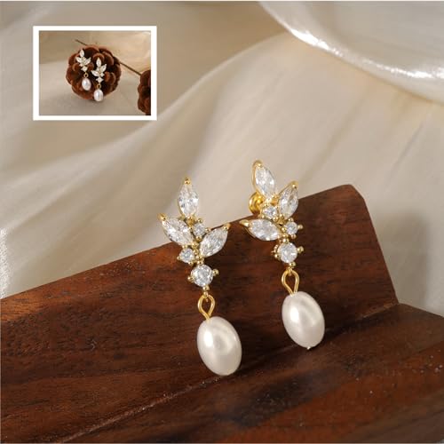 Hayopi Pearl Earrings for Women - Dainty Gold Dangle Drop Earrings, 14k Gold Plated Cute Bow Design, Hypoallergenic Pearl Studs, Wedding Jewelry Gifts - color: Mayan CZ earrings