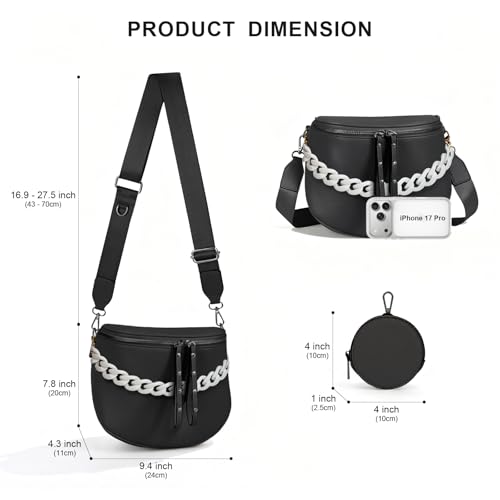 Crossbody Bags for Women, Large Vegan Leather Trendy Bum Bag - color: Black + White Chain