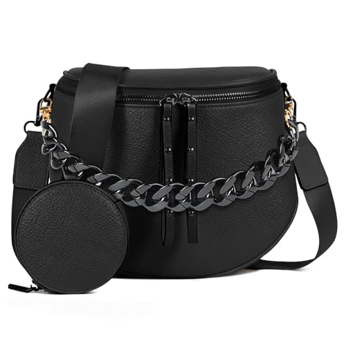 Crossbody Bags for Women, Large Vegan Leather Trendy Bum Bag - color: Black+glossy Black Chain