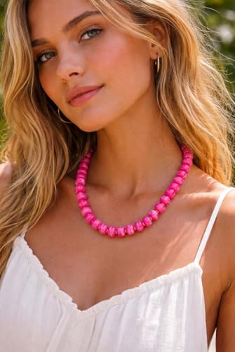 Summer Beach Jewelry Chunky Beaded Necklace for Women Trendy Statement Big Colorful Resin Bead Choker Necklaces Boho Charm Jewelry Cute Gifts for Love - color: Rose Red