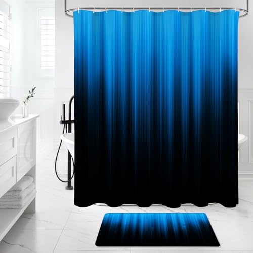 Litabel 4 Pcs Blue and Black Gradient Shower Curtain Set with Rugs and Toilet Lid Cover, Modern Simple Waterproof Fabric Bathroom Set, Ombre Stripe Gothic Abstract Bathroom Decor Set Accessories - color: Blue