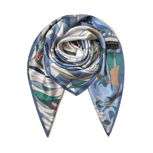 SHIROUYU 100% Pure Mulberry Silk Scarf 35" Large Square Lightweight Headscarf –Women’s Hair Wraps The shawl-With Gift Packed - color: Blue-vacation