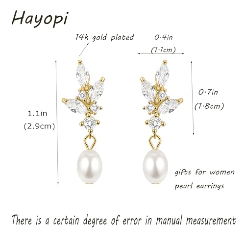 Hayopi Pearl Earrings for Women - Dainty Gold Dangle Drop Earrings, 14k Gold Plated Cute Bow Design, Hypoallergenic Pearl Studs, Wedding Jewelry Gifts - color: Mayan CZ earrings