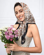 AWAYTR 35” Satin Head Scarf for Women Like Silk Scarf Hair Bandanas Women Large Square Neck Scarf Headscarf Head Wrap - color: Leopard - Black + Light Brown