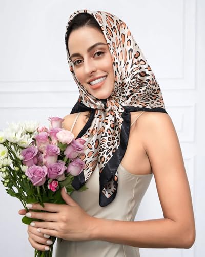 AWAYTR 35” Satin Head Scarf for Women Like Silk Scarf Hair Bandanas Women Large Square Neck Scarf Headscarf Head Wrap - color: Leopard - Black + Light Brown