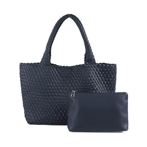 Handmade Woven Bag Satchel Handbag For Women Vegan Leather Tote Bag With Purses Travel Shoulder Bag Underarm Bag - color: Navy Blue