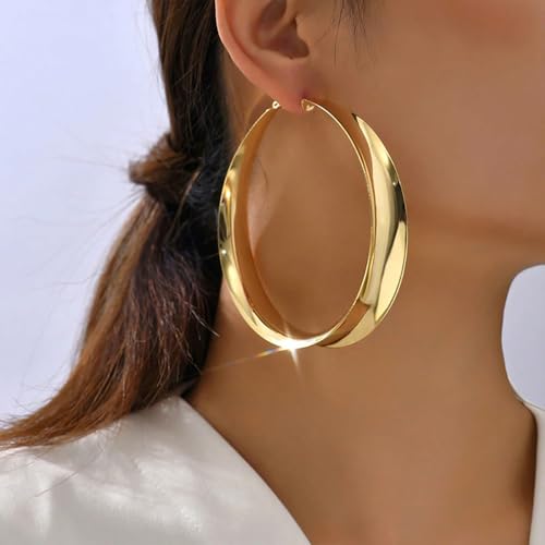 Chunky Gold Silver Hoop Earrings for Women Wide Flat Huggie Hoops Dangle Earrings Big Large Punk Smooth Surface Statement Earrings Fashion Jewelry - color: B Gold