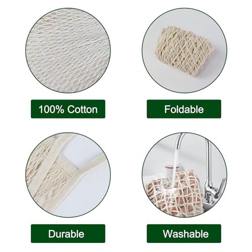 2-Pack Reusable Mesh Grocery Bags, 100% Cotton String, Long Handle Produce Bags, Fruit & Veggie Storage - color: Beige+blue-gray