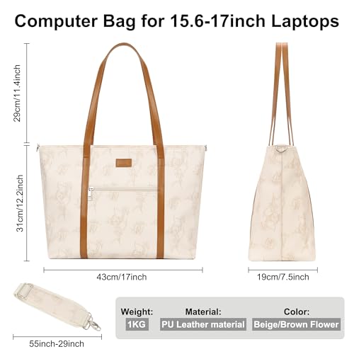 Laptop Tote Bag for Women 17 Inch, Teacher Work Bag with Compartments Business Laptop Bag With 15 Pockets Work Tote Bag - color: A3-beige/Brown Flower-1pcs
