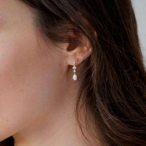 Hayopi Pearl Earrings for Women - Dainty Gold Dangle Drop Earrings, 14k Gold Plated Cute Bow Design, Hypoallergenic Pearl Studs, Wedding Jewelry Gifts - color: GOLD-Long 3 leaf earrings