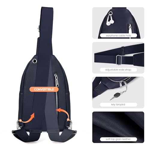 befen Anti Theft Genuine Leather Sling Bag for Women RFID Small Crossbody Bag Chest Bag Leather Fanny Packs for Travel - color: Navy Blue