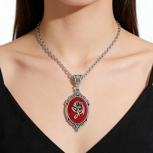Gothic Vintage Gem Pendant Necklace | Victorian Style Filigree Silver-Tone Jewelry | Ideal Gift for Party Cosplay & Daily Wear - color: Red Rose