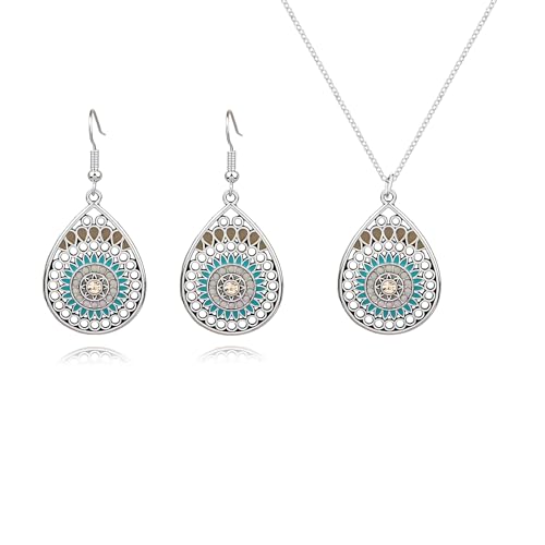 Handmade Teardrop Turquoise Earrings Necklace Set for Women Bohemia Tribal Antique Ethnic Style Earring Delicate Teardrop Gemstone Dangle Drop Statement Earrings Western Jewelry - color: Silver