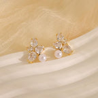 Hayopi Pearl Earrings for Women - Dainty Gold Dangle Drop Earrings, 14k Gold Plated Cute Bow Design, Hypoallergenic Pearl Studs, Wedding Jewelry Gifts - color: GOLD-flower pearl