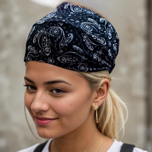 1 Pack Boho Headbands Stretch Paisley Print Bandana Headband Criss Cross Hair Bands Knotted Head Wrap Yoga Daily for Women and Girls (Black Ornate) - color: Black Ornate
