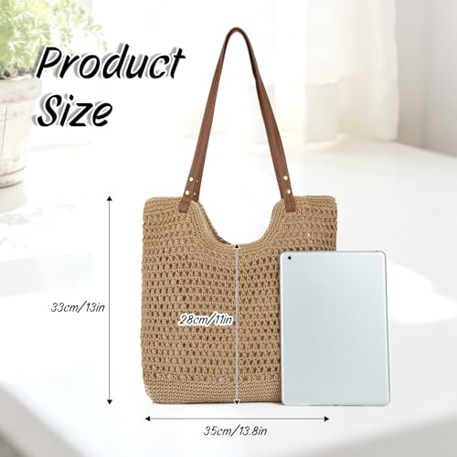 Oweisong Beach Bags for Women Woven Crochet Summer Purse 2026 | Boho Tote Bag, 13.8" Large Capacity, Tote Bag with Zipper, Foldable Packable, Beach Shipping, Vacation Purse - color: Brown