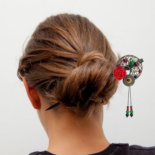 4 Pack Chinese Wooden Hair Stick for Buns Retro Hair Chopsticks Red Flower Beads Styling Vintage Tassel Hair Stick Hair Accessories for Women and Girls Thin Hair (Red) - color: Red