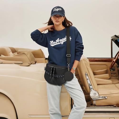 Crossbody Bags for Women, Large Vegan Leather Trendy Bum Bag - color: Black+glossy Black Chain