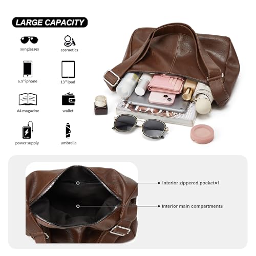 Hobo Bags for Women Leather,Foldable Slouchy Shoulder Purse Crossbody Handbag,Soft Vegan Brown Tote Casual Everyday Handbags - color: Wy22-f