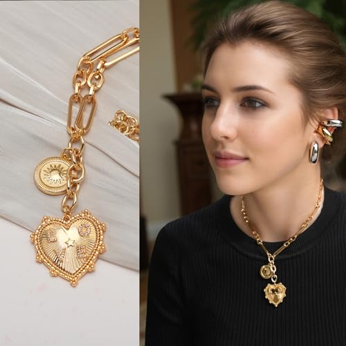 ORIGENCE Sun Heart Necklace for Women 18K Gold Plated Heart Pendant Necklace Chunky Chain Choker Necklaces Hip Hop Charm Necklaces Trendy Unisex Jewelry - style: 2Charm-Gold N