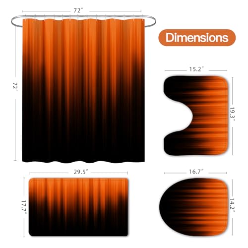 Litabel 4 Pcs Orange and Black Gradient Shower Curtain Set with Rugs and Toilet Lid Cover, Modern Simple Waterproof Fabric Bathroom Set, Ombre Stripe Gothic Abstract Bathroom Decor Set Accessories - color: Orange