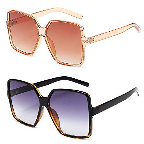 Dollger Oversized Square Sunglasses for Women Big Large Wide Fashion Shades for Men UV Protection Unisex - color: 2 Pcs,transparent Brown+leopard
