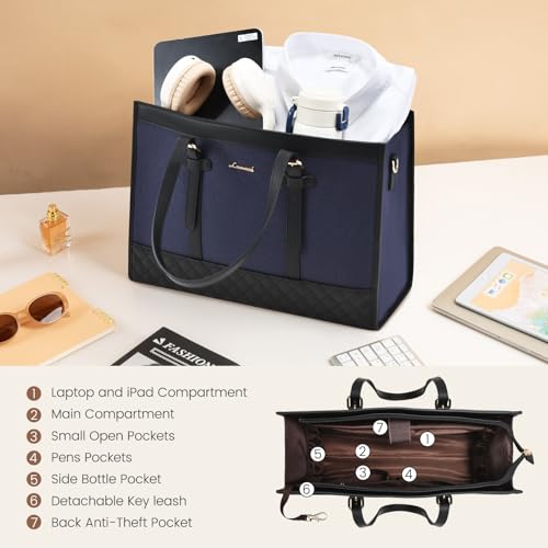 LOVEVOOK Laptop Bag for Women 15.6 inch Canvas Laptop Tote Bag, Large Capacity Work Bags with Clutch Purse, Computer Bags Office Business Briefcase, Casual Handbag for Travel College Teacher - color: Blue & Black, size: 15.6 inch