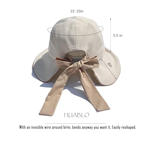 Wide Brim Hats for Woman Foldable Hats Sun Hats for Women uv Protection Bowknot Bucket hat Adjustable hat with Ponytail Hole - color: Beige