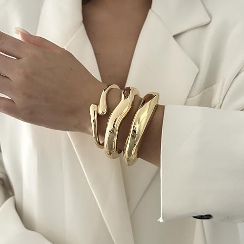 Chunky Gold Bangles Bracelets for Women Gold Cuff Bracelet Set Waterproof Non Tarnish Stack Bracelet for Women Jewelry