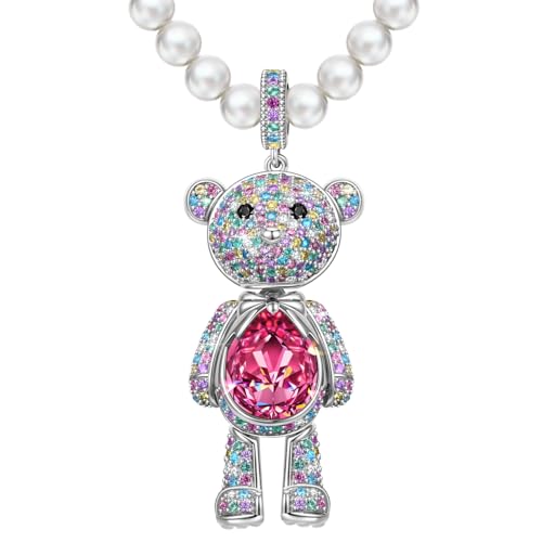 Swarovski Crystal Teddy Bear Necklace, White Gold Plated, Playful Movable Design, Sweet Warmth & Love Symbol Jewelry Gift for Women Teens Girls, Gift-Ready Packaging - style: Swarovski Pearl Chain