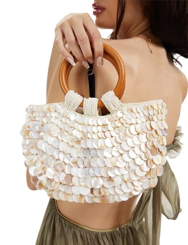 Miuco Shell Purse For Women Handmade Seashell Beaded Clutch Beach Wooden Top Handle Bag