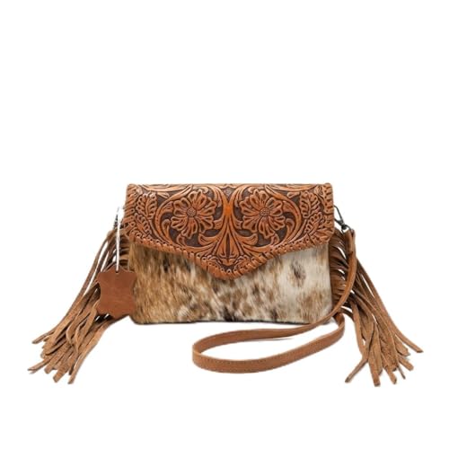 Genuine Cowhide Crossbody Purse - Tooled Leather Fringe Bag for Women - Western Shoulder Handbag Rodeo Style - color: Brown