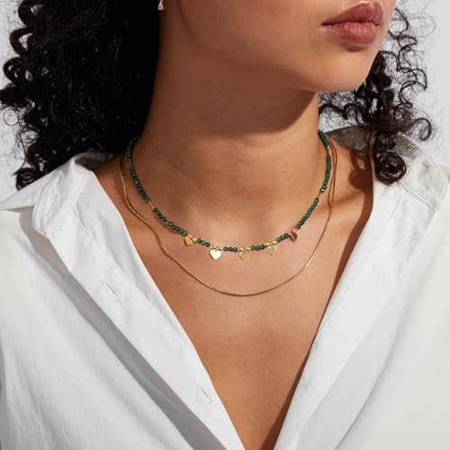 KissYan Beaded Choker Necklace for Women, Colorful Natural Gemstones Pearl Choker 14K Gold Plated Pendant Healing Crystal Necklace Handmade Stone Jewelry Gift - color: F-Green Agate