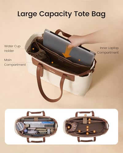 LOVEVOOK Laptop Tote Bag for Women, Water-Resistant Work Tote Bag Large Capacity Computer Bag for Travel, Nylon & PU - color: Brown, size: 17.3Inch