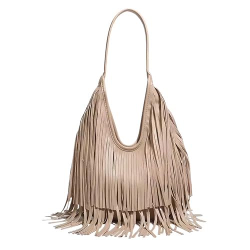Fringe Hobo Shoulder Bag Vegan Leather Layered Tassel Women Purse Bags | layered tassel - color: Khaki