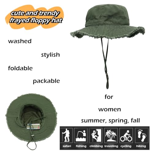 LLmoway Womens UPF50+ Cotton Wide Brim Sun Hat with Strap Ladies Summer Floppy Hats Packable Women Washed Fringes Bucket Hat - color: Olive Green
