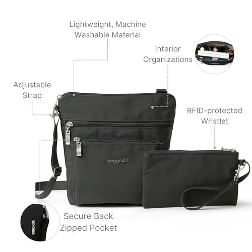 Baggallini Pocket Crossbody Bags for Women 8x8 Small Lightweight Durable Water-resistant Travel Purse W/Rfid - color: Charcoal
