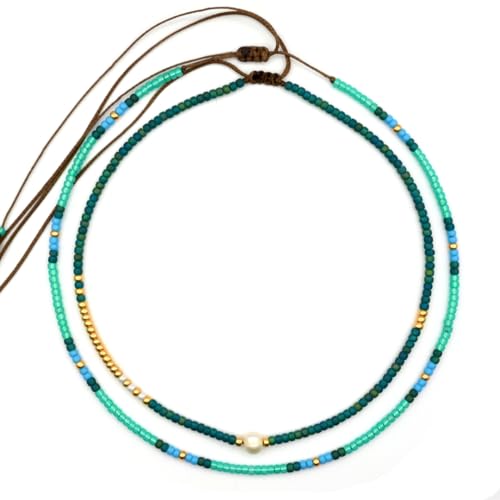 Beaded Choker Necklace for women and Teen Girls, Boho Bohemian Adjustable Colorful Seed Beads Necklace, Handmade Native American Style Jewelry by TRIBES - color: Turquoise-Green, style: Set of 2 Necklaces