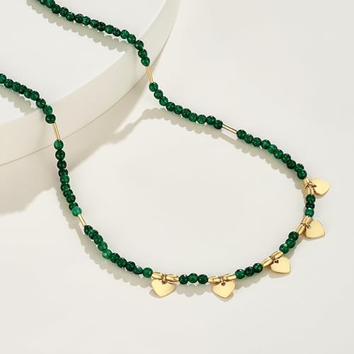 KissYan Beaded Choker Necklace for Women, Colorful Natural Gemstones Pearl Choker 14K Gold Plated Pendant Healing Crystal Necklace Handmade Stone Jewelry Gift - color: F-Green Agate