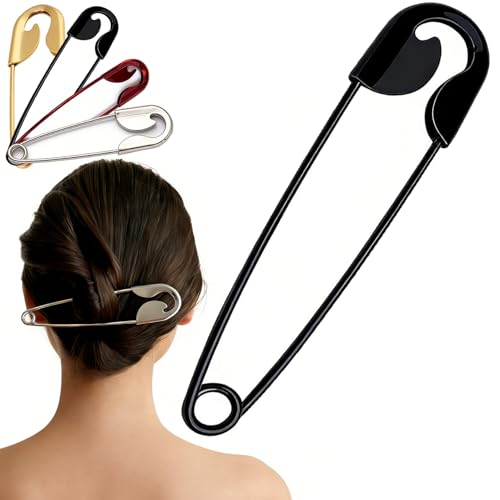 Mega Safety Hairpin - Mega Safety Pin Hairpin, Oversized Metal Hair Pin for Bun & Updo, Stylish Hair Stick Bun Holder - color: Black