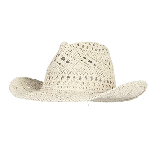 Men & Women's Summer Cowboy Cowgirl Straw Hat Hollow Out Woven Roll Up Wide Brim Sun Hat with Chin Strap - color: Beige