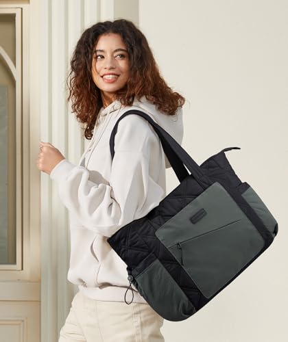 LOVEVOOK Tote Bag for Women, puffer tote bag for Work Travel Nurse, Lightweight quilted Bags with Compartments - color: M-15.6 Inch-slate Blue-black