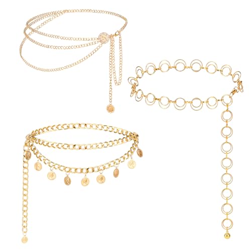 3Pcs Layered Waist Chains for Women Gold Multilayer Metal Adjustable Fashion Accessories Dress Hip Chain Belt - style: Fashionable Gold Retro