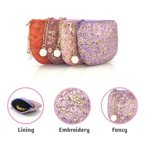 Handmade Women Coin Purse Rosary Pouch Silk Jewelry Bag Brocade Zipper Wallet - Violet - color: Violet